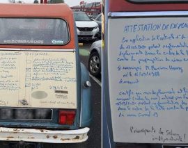 Il recopie son attestation de sortie sur le coffre de sa 2CV